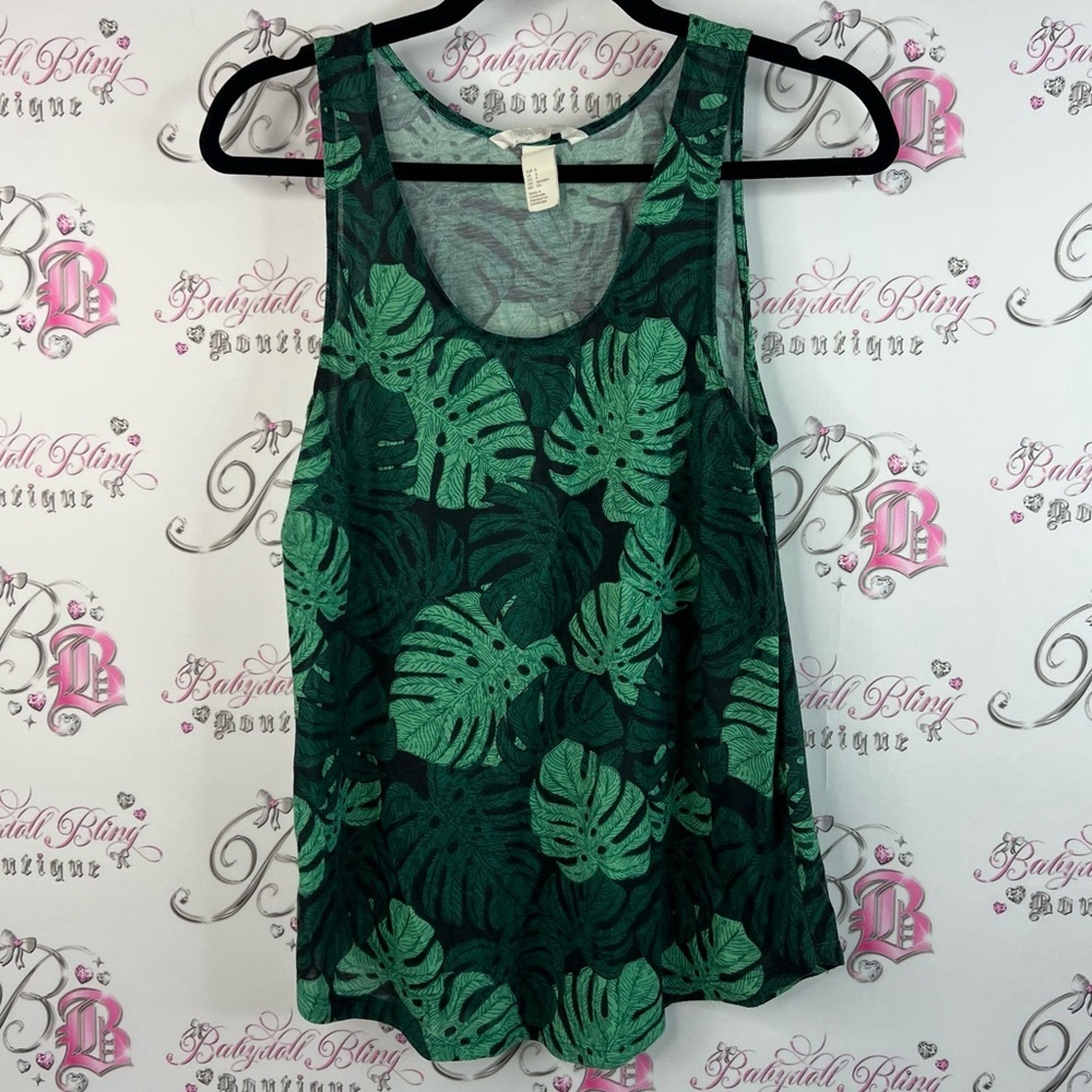 H&M tank top leafs tropical floral flowers Green Leaf Print Women's Tank Top